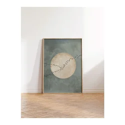WallXpert uramljena slika 115213, pun mesec i jato ptica na sivozelenoj pozadini, 30 x 40 cm, ram u boji prirodnog drveta