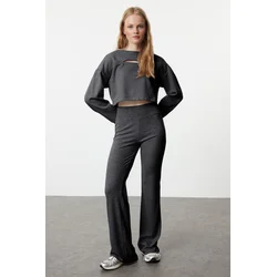 Trendyol Anthracite Wide Leg/Flare High Waist Interlock Flexible Knit Trousers