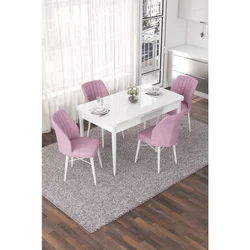 Hanah Home trpezarijski set Nef, sto na razvlačenje i 4 stolice, bela ploča, roze tkanina Jerry