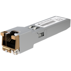 Ubiquiti UACC-CM-RJ45-MG SFP+ to RJ45 adapter, 1/2.5/5/10 GbE is a RJ45 transceiver that can be inserted into an SFP port in order to connect a copper