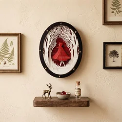 WallXpert drveni zidni ukras ALQ132-M, devojka u crvenom ogrtaču u beloj šumi, 33 x 43 cm