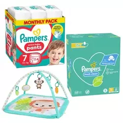 Pampers Pelene Pants 7, Monthly, 15+kg, 114/1+ Pampers Vlažne maramice Fresh clean, 15x80 komada+Bright Starts Podloga za bebe Safari, 20 melodija, Tirkizna