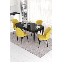 Hanah Home trpezarijski set Eva, sto na razvlačenje i 4 stolice, ploča u dekoru crnog mermera, senf žuta tkanina Babyface
