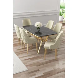 Hanah Home trpezarijski set Asel, sto i 6 stolica, ploča u dekoru Sonata, zlatne noge, krem tkanina Babyface