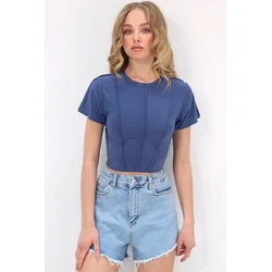 Trend Alacati Stili Ženska bluza kratkih rukaa Alc-X11782, Okrugli izrez, Plava