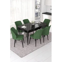 Hanah Home Set Trpezarijski sto i 6 stolica Nef, Zeleno-crni