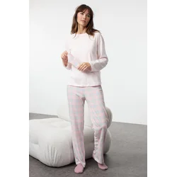 Trendyol Pink-Multicolored Cotton Plaid Sleep Band Knitted Pajama Set