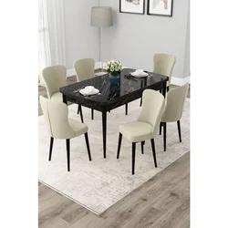 Hanah Home trpezarijski set Due, sto na razvlačenje i 6 stolica, ploča u dekoru crnog mermera, krem tkanina Babyface
