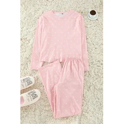 Trendyol Pink 100% Cotton Polka Dot and Heart Patterned Knitted Pajama Set