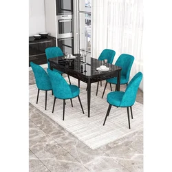 Hanah Home trpezarijski set Via, sto na razvlačenje i 6 stolica, ploča u dekoru crnog mermera, tirkizna tkanina Jerry