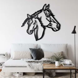 WallXpert metalni zidni ukras 5074, glave kobile i ždrebeta, 75 x 72 cm, crni
