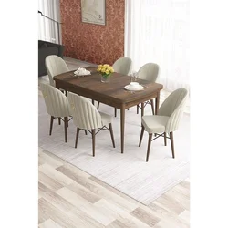 Hanah Home trpezarijski set Elf, sto na razvlačenje i 6 stolica, ploča u dekoru drveta Baroque, krem tkanina Babyface