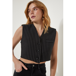 Happiness Istanbul Womens Black Striped Mini Woven Vest