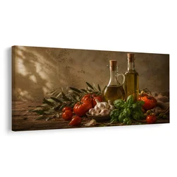 Slika rustikalna kompozicija paradižnikov in bazilike - 120x60