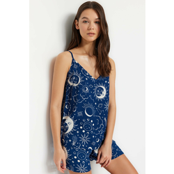 Trendyol Indigo Galaxy Patterned Viscose Woven Pajama Set with Rope Straps