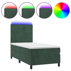 Vidaxl Box spring postelja z vzmetnico LED tem. zelena 90x200 cm žamet
