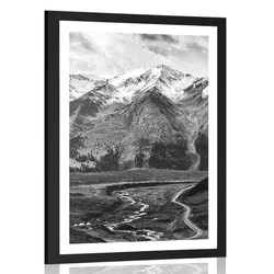 Plakat s paspartujem čudovita gorska panorama v črnobeli varianti - 40x60 silver