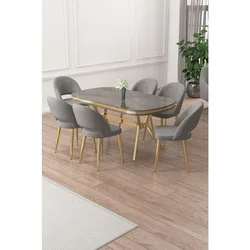 Hanah Home trpezarijski set Jita, sto i 6 stolica, antracit ploča Irony, zlatne noge, siva tkanina Babyface