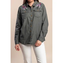 Plus size denim srajca z vezenino, siva