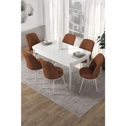 Hanah Home trpezarijski set Via, sto na razvlačenje i 6 stolica, bela ploča, terakota tkanina Jerry