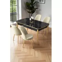 HANAH HOME Rasklopivi trpezarijski sto i stolice (5 delova) Nira Black Marble Gold Cream