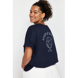 Trendyol Curve Navy Blue 100% Cotton Back Printed Relaxed/Wide Comfort Fit Crew Neck Knitted T-Shirt