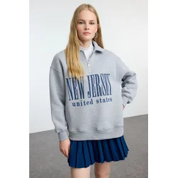 Trendyol Gray Melange Oversize Thick Fleece Slogan Printed Zippered Knitted Sweatshirt