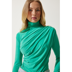 Happiness Istanbul Womens Light Green Gathered Detailed High Neck Sandy Blouse