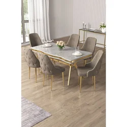 Hanah Home trpezarijski set Vae, sto i 6 stolica, ploča u dekoru belog mermera, zlatne noge, kapućino tkanina Babyface