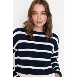 Trendyol Navy Blue Crop Basic Striped Knitwear Sweater