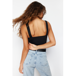 Trendyol Black Fitted/Sticky Back Detailed Square Neck Snaps Elastic Knitted Bodysuit
