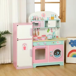 Dečija drvena kuhinja sa frižiderom i veš-mašinom – roze MSN18023