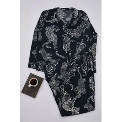Trendyol Curve Anthracite Shirt Collar Animal Patterned Woven Pajama Set