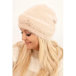 Kesi Womens winter fluffy hat with pearls and decorative weave beige