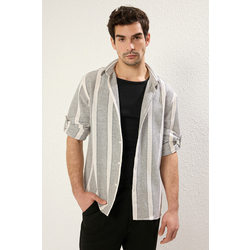 Trendyol Black Regular Fit Off Shoulder Striped Etamine Textured Summer Shirt