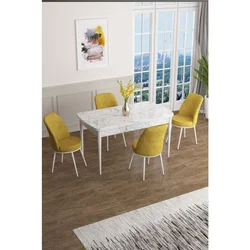 Hanah Home trpezarijski set Han, sto na razvlačenje i 4 stolice, ploča u dekoru belog mermera, senf žuta tkanina Jerry