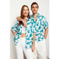 Trendyol Blue Unisex Oversize Fit Pineapple Printed 100% Viscose Short Sleeve Flowy Summer Shirt