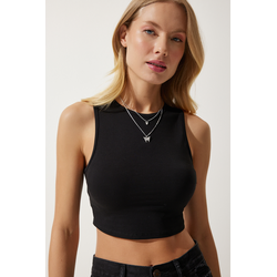 Happiness Istanbul Womens Black Barter Neck Crop Knitted Blouse