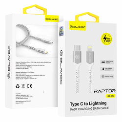 BLAVEC RAPTOR OPLETENI KABEL – TYPE- C NA LIGHTNING – PD 20W 2.4A 0.50 m bijelo-srebrni