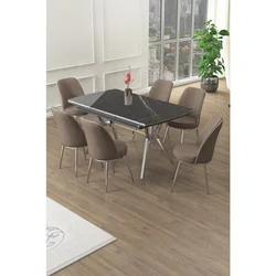 Hanah Home trpezarijski set Poy, sto na razvlačenje i 6 stolica, ploča u dekoru Sonata, hromirane noge, kapućino tkanina Babyface