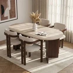 Hanah Home trpezarijski set Meridia, ovalni sto i 4 stolice sa rukonaslonima, travertin, orah Milano i tamni orah, bela šenil tkanina