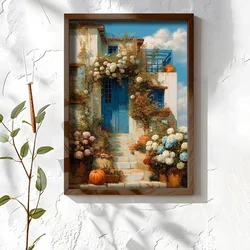 WallXpert uramljena MDF slika NAL102-46, plava vrata i stepenice okruženi cvećem i bundevama, 35,5 x 47 cm