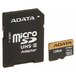 A-DATA UHS-II U3 MicroSDXC 128GB V90 class 10 + adapter AUSDX128GUII3CL10-CA1