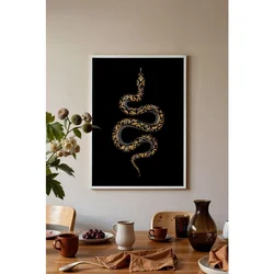 WallXpert uramljena slika 115263, zlatna zmija, minimalistički motiv na crnoj pozadini, 30 x 40 cm, beli ram