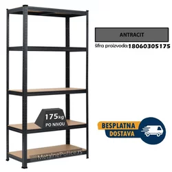Polica metal-medijapan 180x60x30cm, 5x175kg antracit