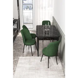 Hanah Home trpezarijski set Via, sto na razvlačenje i 4 stolice, ploča u dekoru crnog mermera, kaki zelena tkanina Jerry