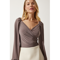 Happiness Istanbul Womens Mink Elastic Balloon Sleeve Sandy Knitted Blouse