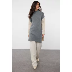 Trendyol Anthracite Color Block Turtleneck Long Knitwear Sweater