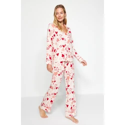 Trendyol Multicolored Heart Pile Detailed Viscose Shirt-Pants Woven Pajamas Set