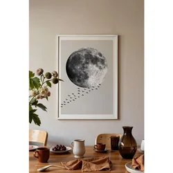 WallXpert uramljena slika 115210, crno-beli Mesec i jato ptica na svetlosivoj pozadini, 50 x 70 cm, beli ram